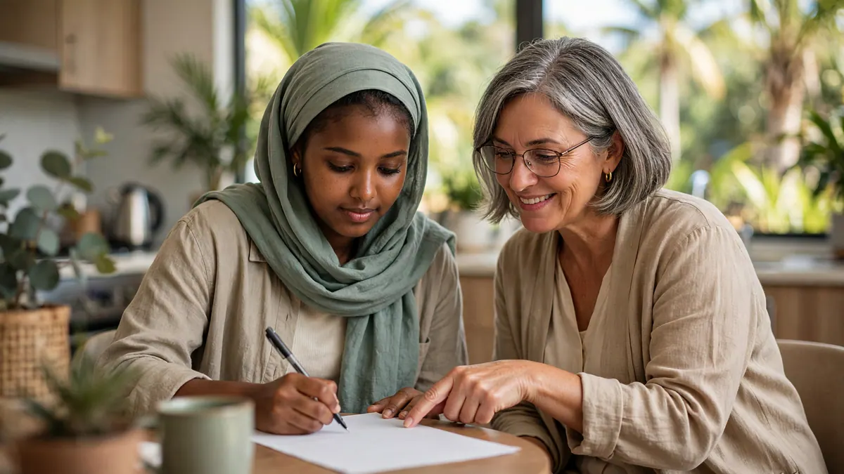 A young woman in a green headscarf fills in a form while a smiling manager points to the page