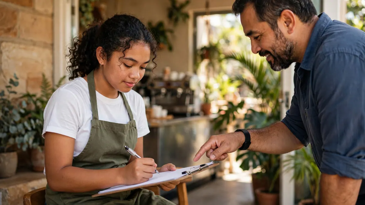 A young café worker fills in a new-starter form on a clipboard as her smiling manager points to the page