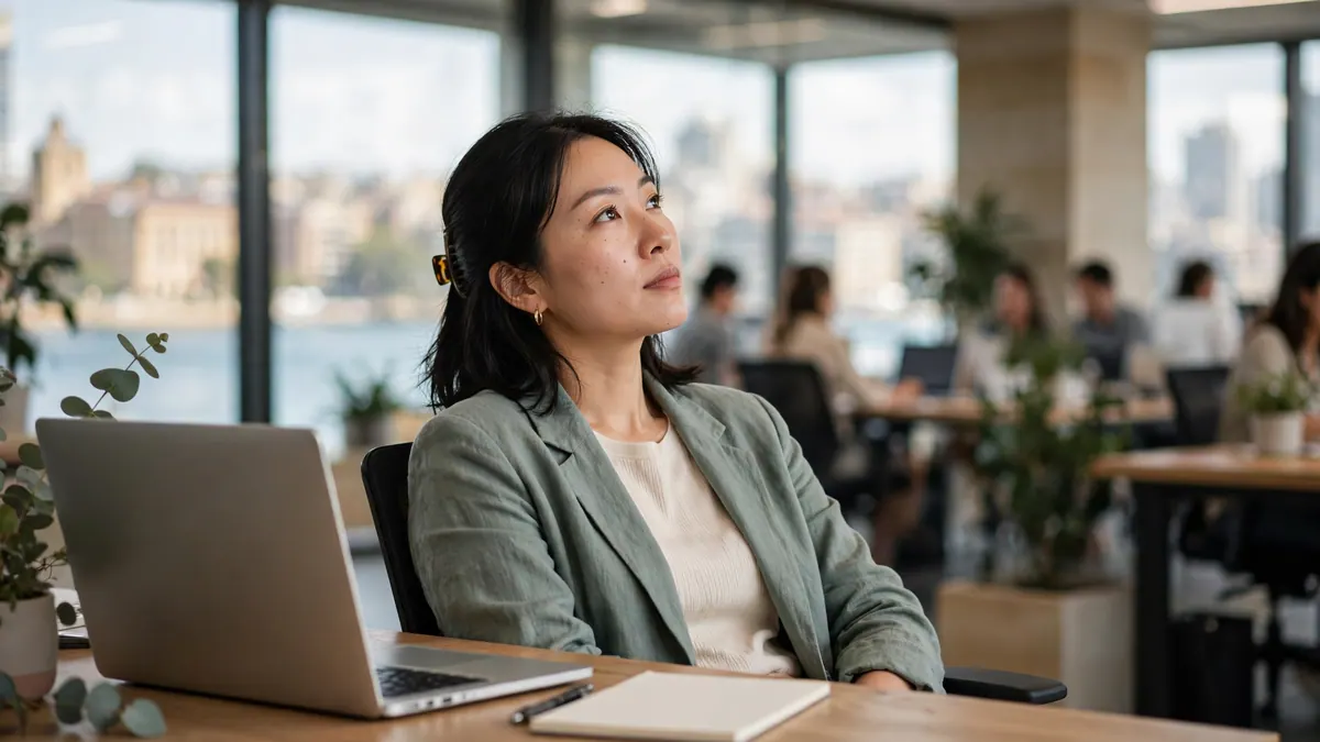 A woman in a linen blazer leans back from her laptop in a harbourside office, deep in thought