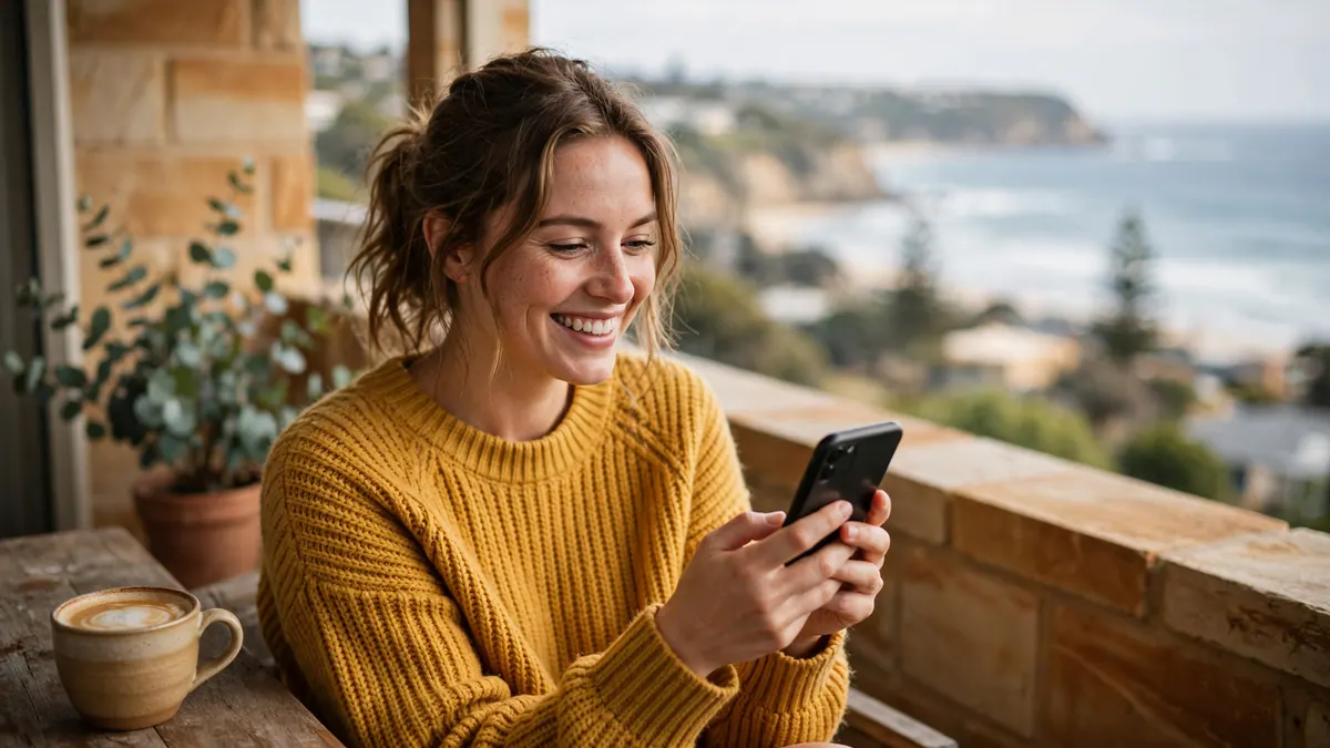 A smiling woman in a mustard jumper checks her phone with a coffee on a balcony above the sea