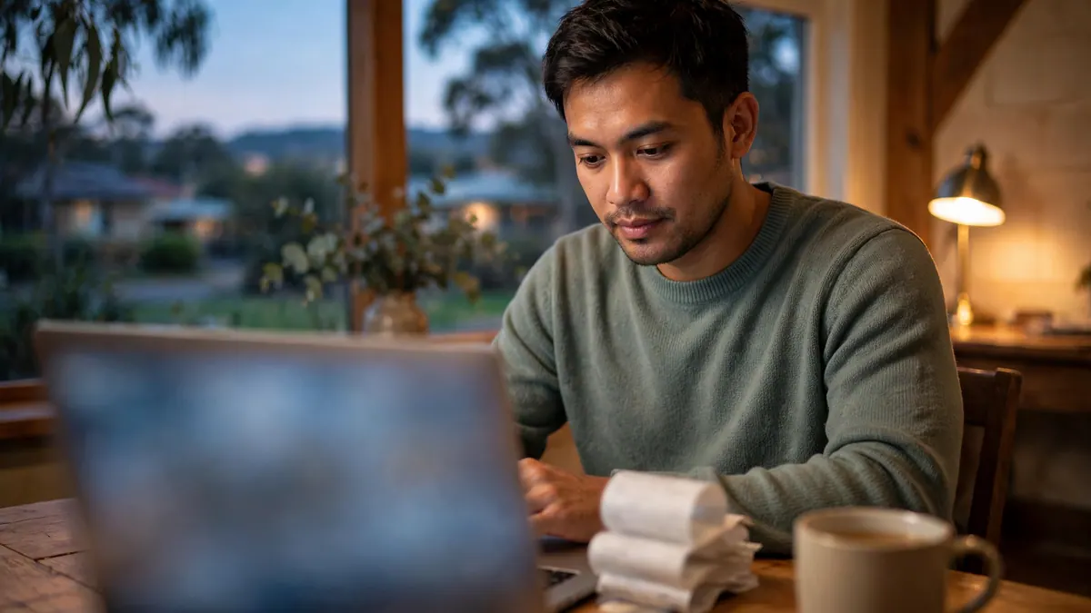 A man in a green jumper works on a laptop at a dining table at dusk, a pile of receipts beside him