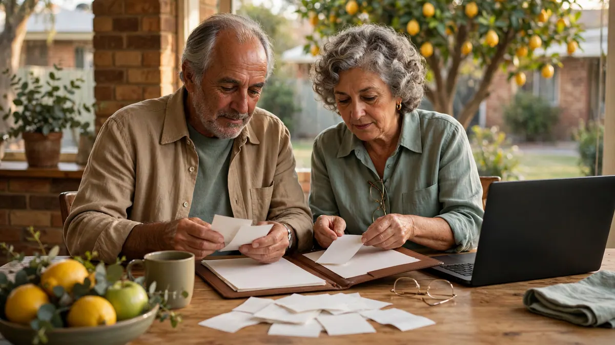 An older couple sort paper receipts into a folder at a kitchen table with a laptop and a lemon tree outside
