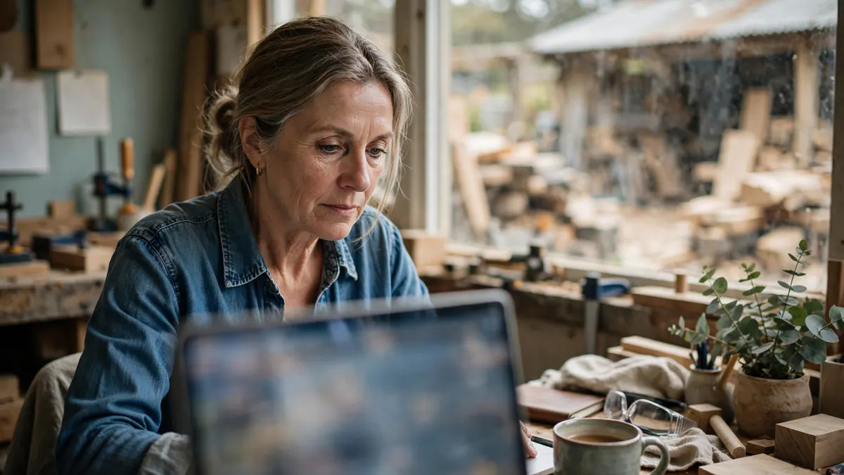A business owner in a denim shirt works on a laptop at a desk inside her timber joinery workshop
