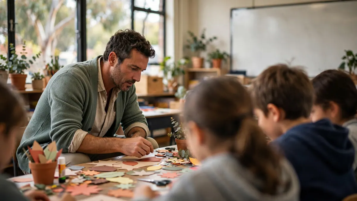 A teacher in a green cardigan helps with a paper-leaf craft at a classroom table, pupils seen from behind