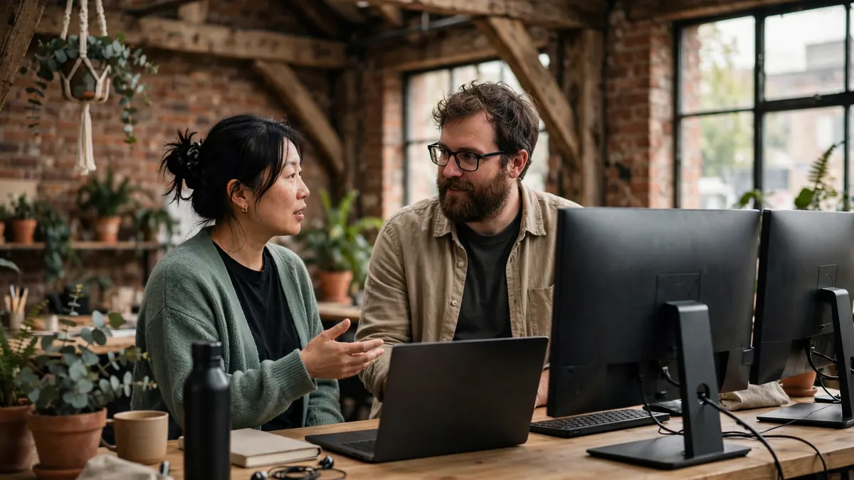 Two software developers talk at a desk with a laptop and monitors in a brick warehouse office