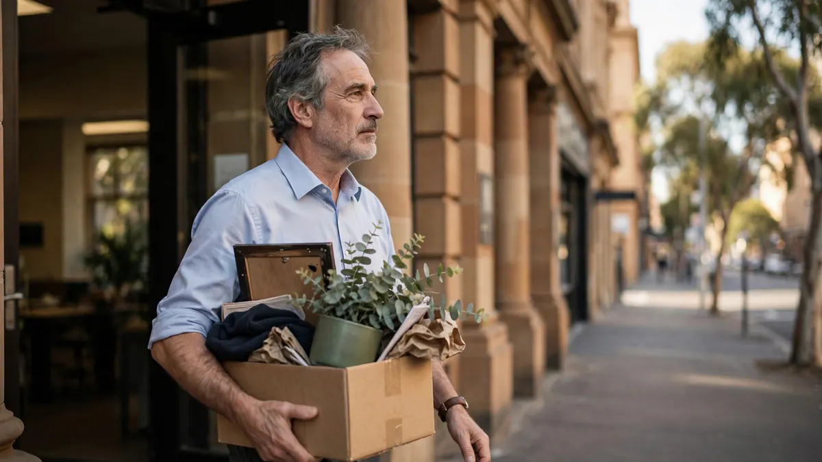 A man carries a box with a plant and a photo frame out of a sandstone office building