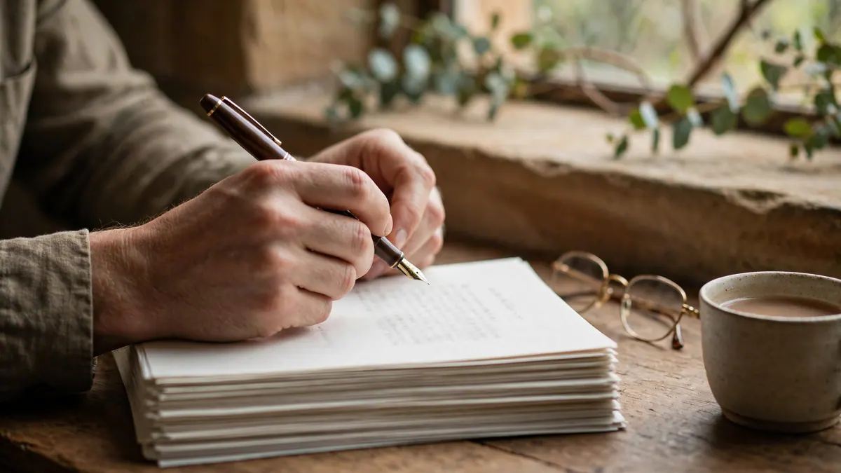 Hands hold a fountain pen over a stack of printed pages beside reading glasses and a cup of tea