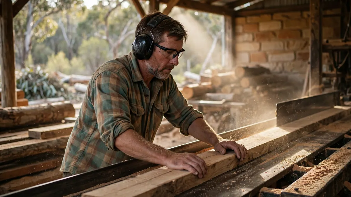 A sawmill worker in ear muffs and safety glasses guides a hardwood plank along a saw bench