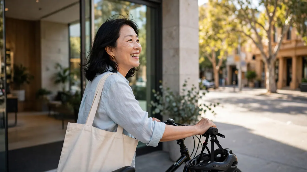 A smiling woman with a tote bag wheels her bicycle out of an office building into afternoon sun