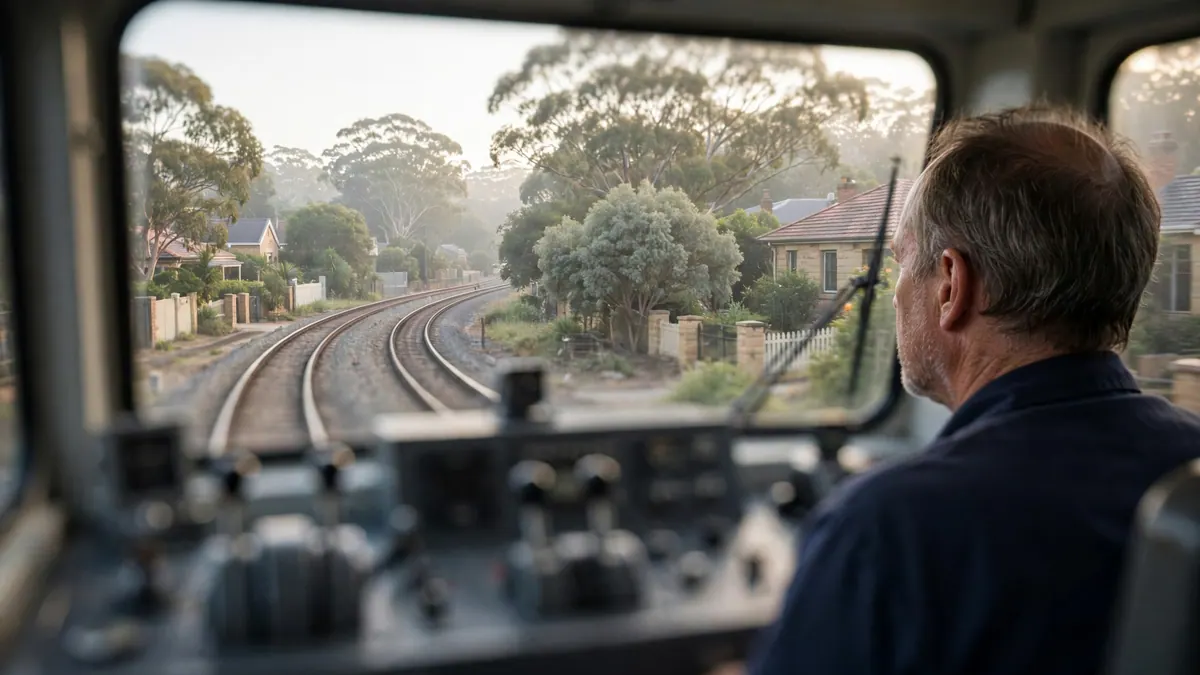 Seen from behind, a train driver looks through the cab window at tracks curving past suburban houses
