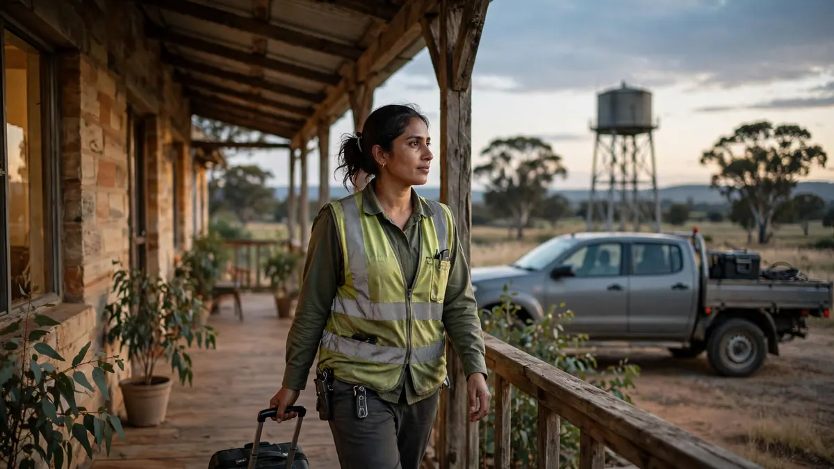 A woman in a hi-vis vest wheels a suitcase along a country motel veranda, a work ute and water tower behind
