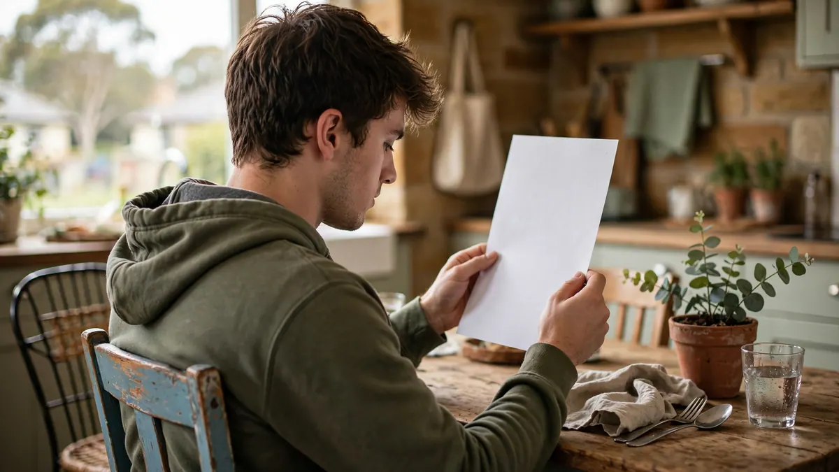 A young man at a share-house kitchen table holds up his payslip to read it