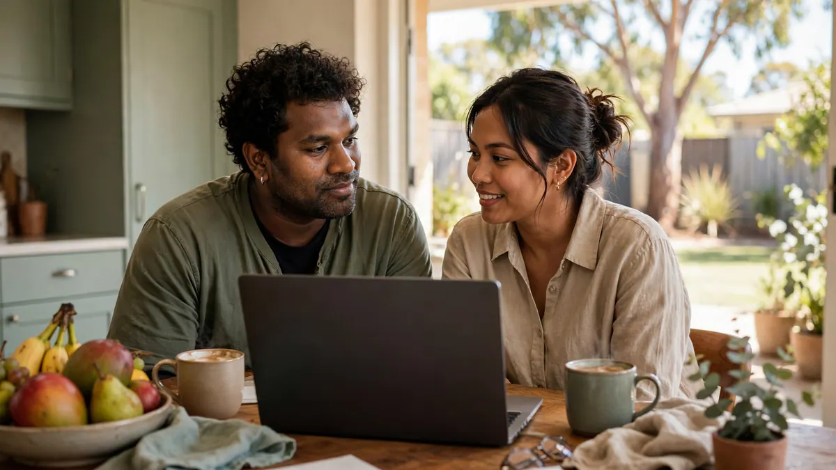 A couple sit at a kitchen table with a laptop, coffee mugs and a bowl of fruit, planning together