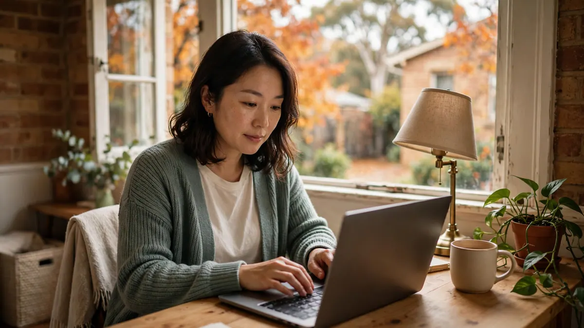 A woman in a green cardigan types on a laptop at a home desk by a window with autumn trees outside