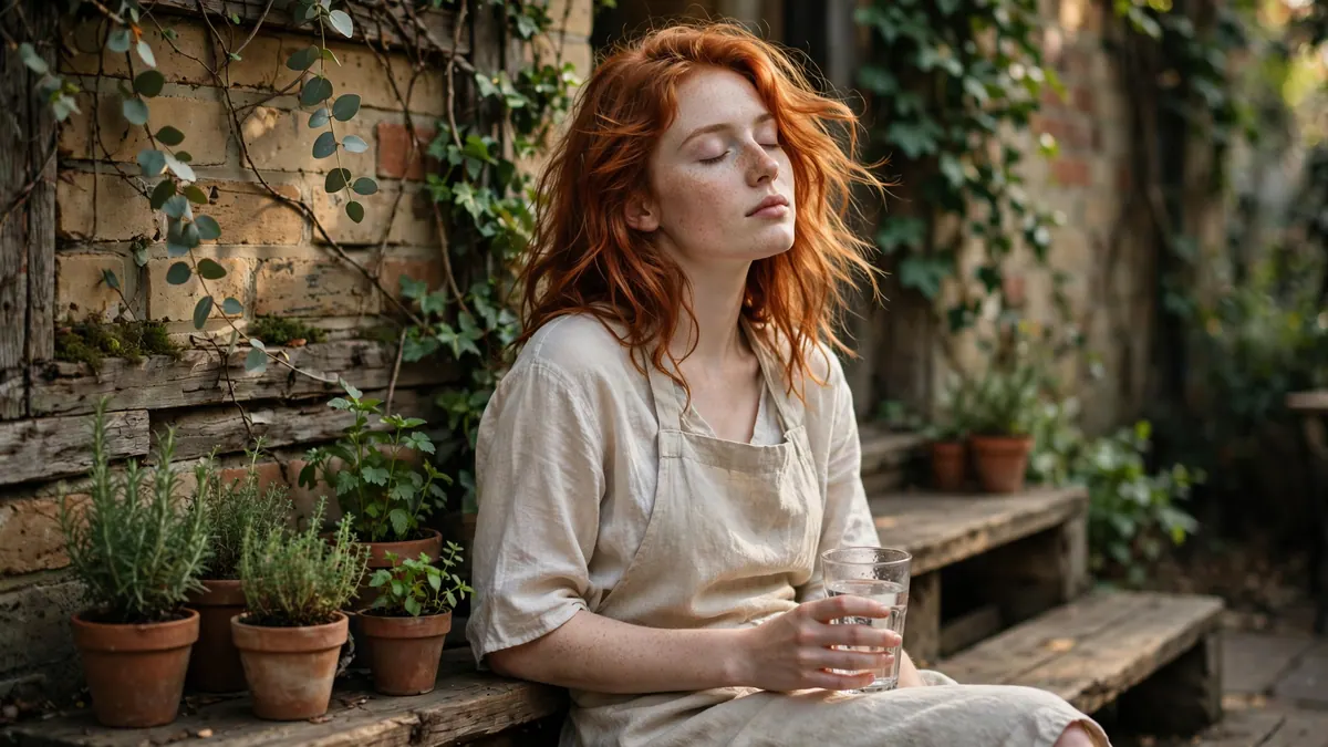 A café worker in a linen apron rests on a back step with a glass of water during her break