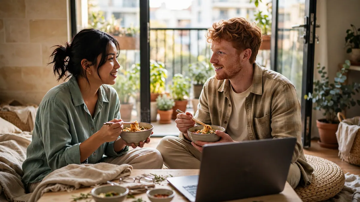 A young couple eat noodles and chat on the floor of their apartment beside an open laptop