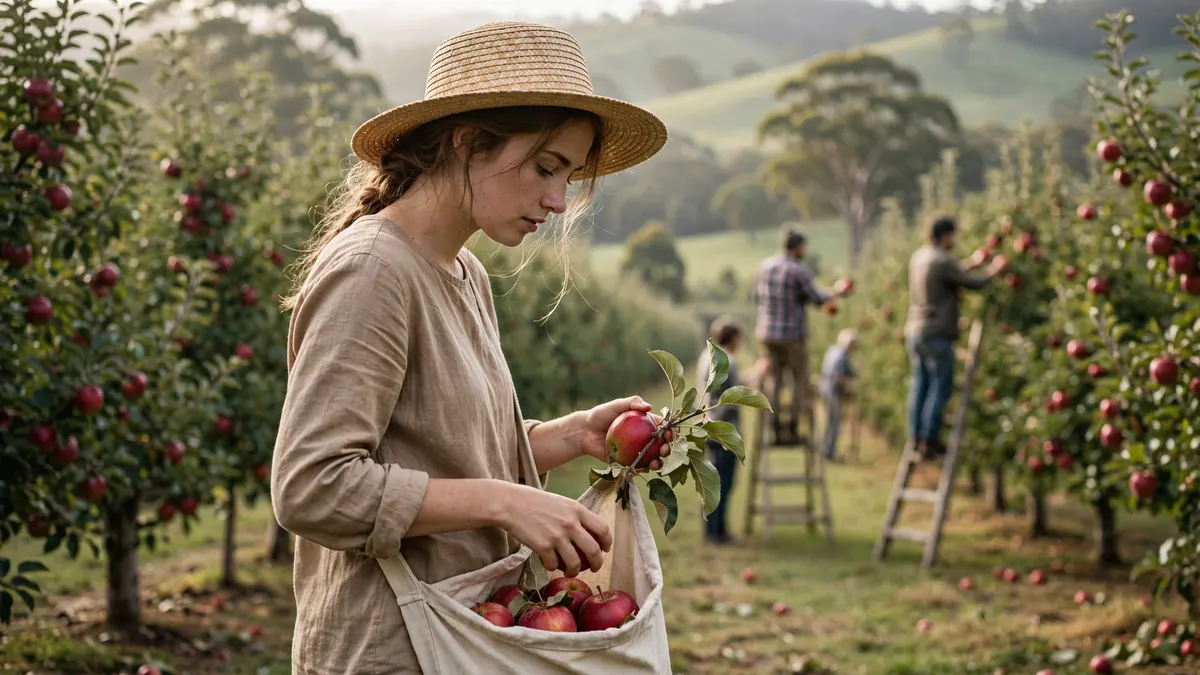 A young backpacker in a straw hat picks red apples into a canvas bag in a Tasmanian orchard