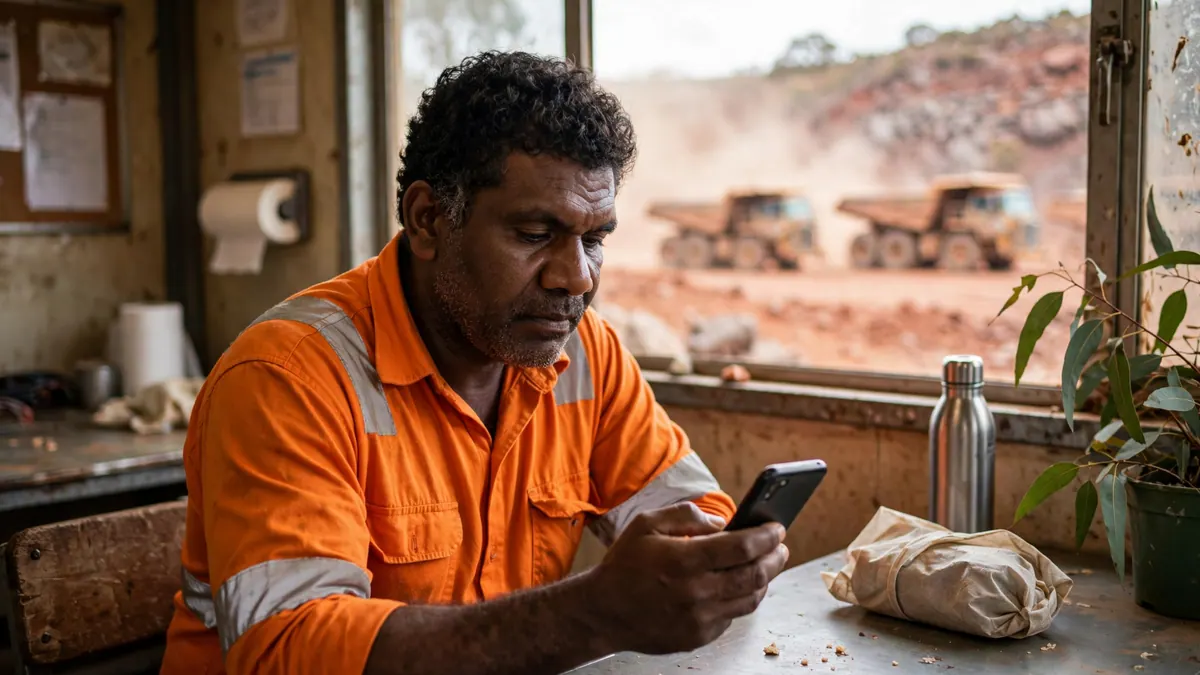 A mine worker in orange hi-vis checks his phone in a crib room, haul trucks on red dirt outside the window