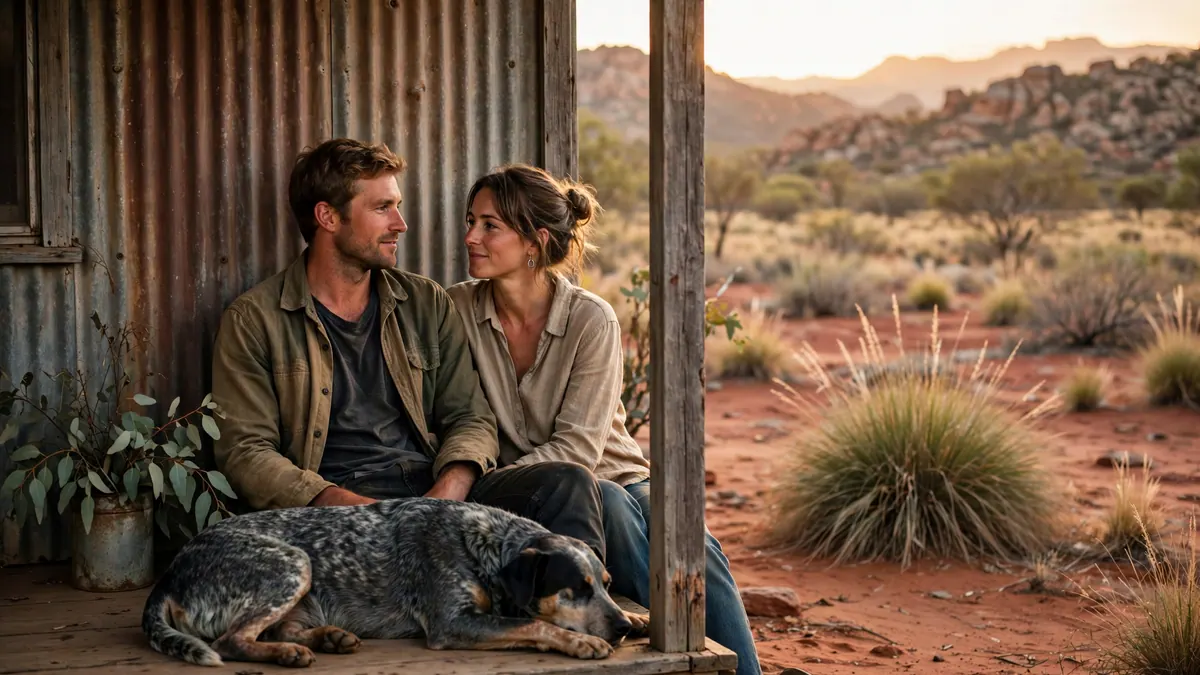 A couple sit on the veranda of a corrugated-iron house in the outback at sunset, a cattle dog at their feet
